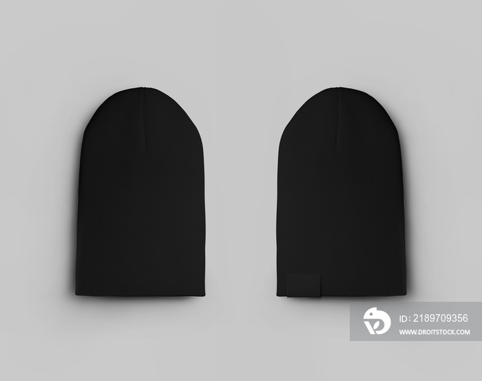 Mockup of black winter beanie isolated on background. Set