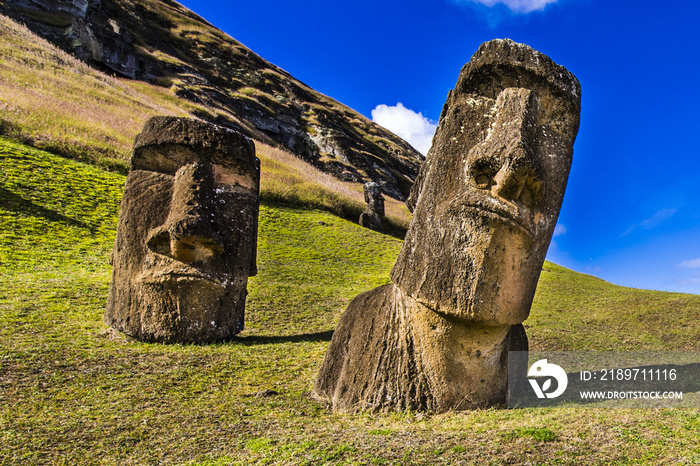 Rano Raraku Volcano, the Moais quarry where all were built on the past, some of them still stay on t