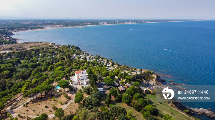 Aerial view of the coast south of Argeles Beach along the Mediterranean Sea in the south of France -