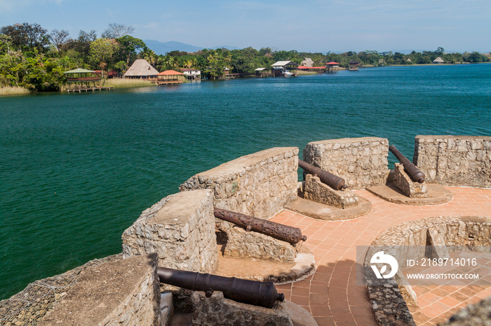 Cannons at the Castillo de San Felipe, Spanish colonial fort at the entrance to Lake Izabal in easte