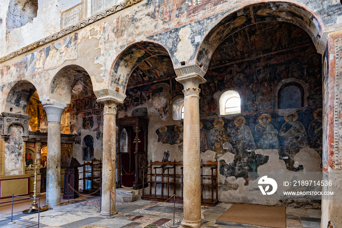 Part of the byzantine archaeological site of Mystras in Peloponnese, Greece. View of the interior of