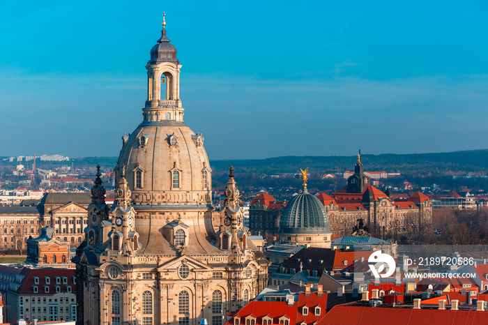 Aerial view over Frauenkirche and glass dome of Academy of Fine Arts or Lemon Squeezer and roofs of 