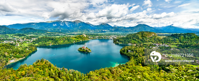 Panoramic view of Lake Bled with the island in Slovenia