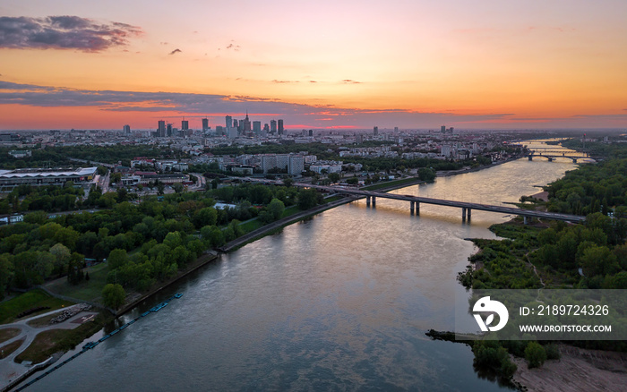 Aerial view of Warsaw at sunset