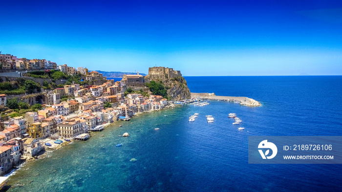 Chianalea homes in Scilla. Aerial view of Calabria, Italy