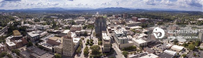 Aerial 180 degree panorama of Asheville, North Carolina downtown area.