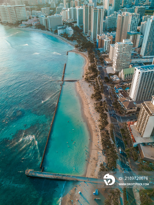 Aerial drone shot view of Waikiki beach in Honolulu in Hawaii in summer time