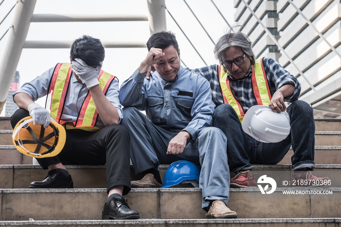 不高兴的工程师坐在建筑工地的楼梯上，他们感到疲惫和压力