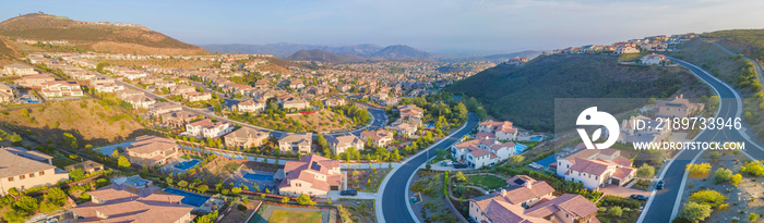 Panoramic view of a suburban neighborhood near the mountains at Double Peak Park