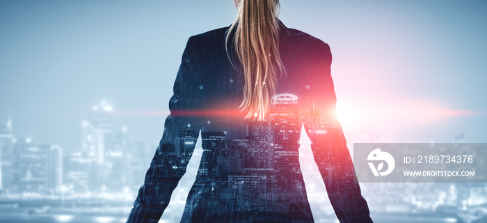 Double Exposure Image of Business Person on modern city background. Future business and communicatio