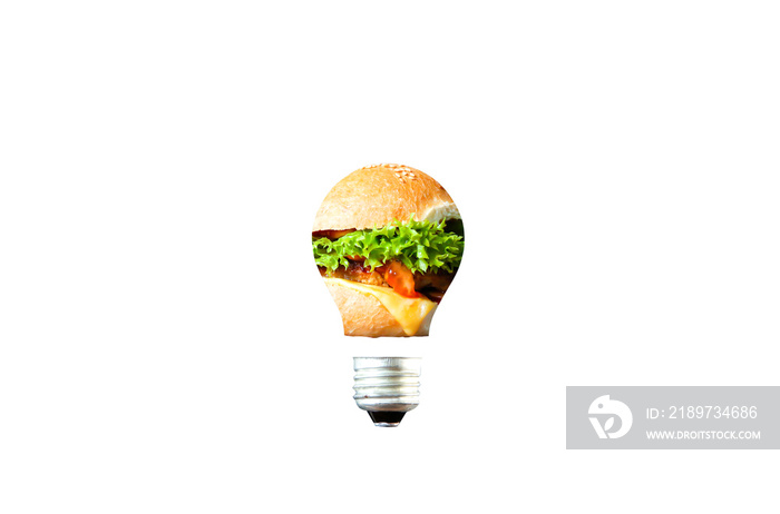 Time to eat. Lamp bulb isolated on white background. New idea concept.  Burger inside the glass. Foo