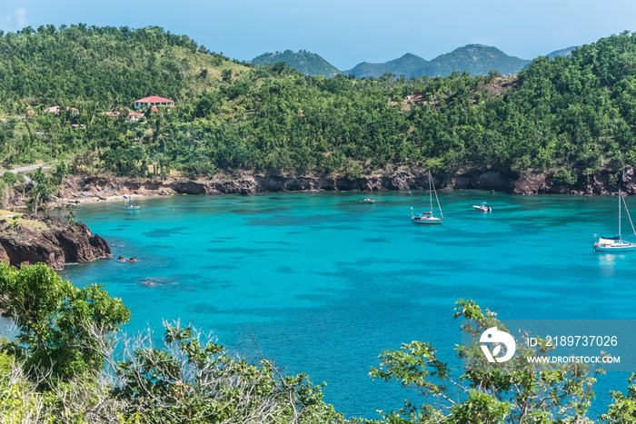 瓜德罗普岛，圣徒群岛美丽的海景，海湾中典型的房屋和帆船