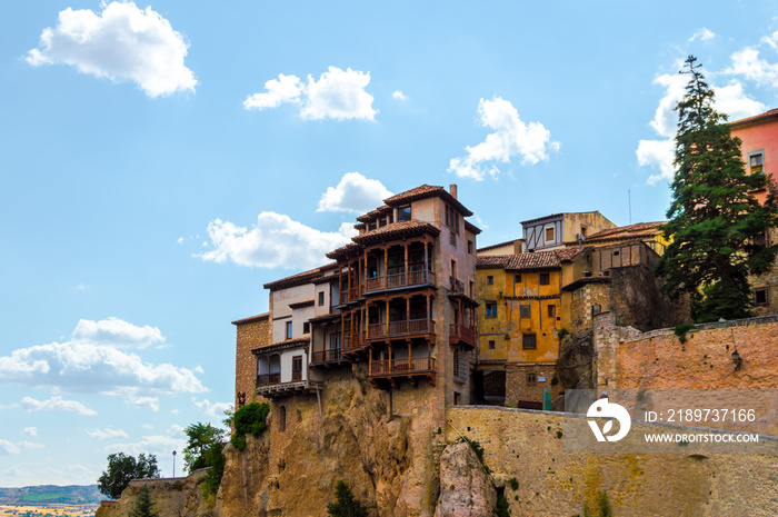 Beautiful cityscape of the picturesque Hanged Houses (Casas Colgadas) in Cuenca, Spain. Curious hous