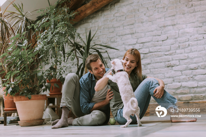 Young couple sitting at rustic living room floor and playing with dog