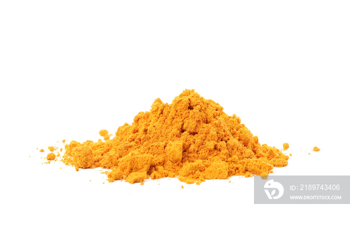 Fragrant turmeric powder heap isolated on white background