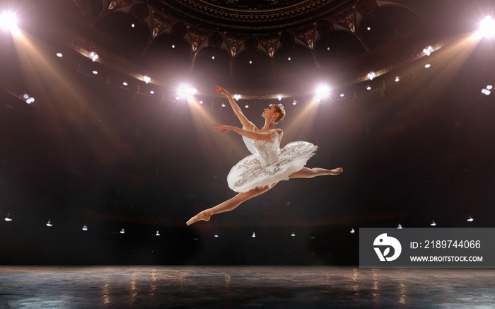 Ballet. Classical ballet performed by a couple of ballet dancers on the stage of the opera house.