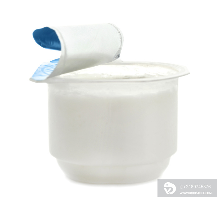 Plastic cup with yummy yogurt on white background