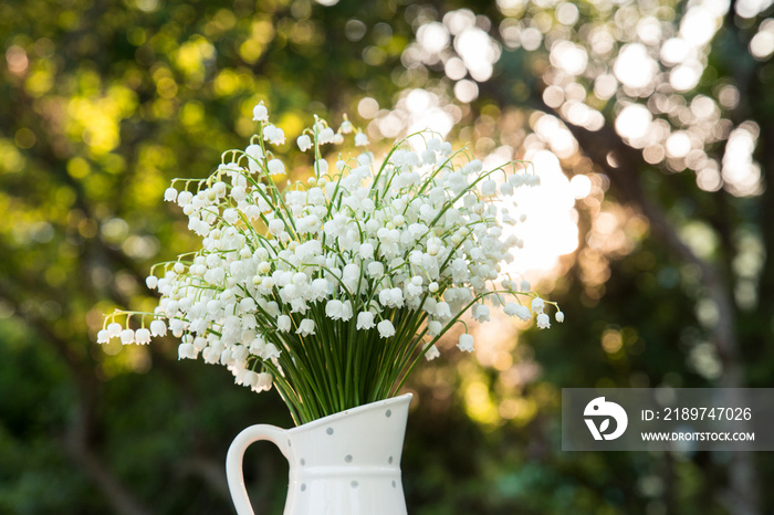 Bouquet of white flowers Lily of the valley (Convallaria majalis) also called: May bells, Our Ladys