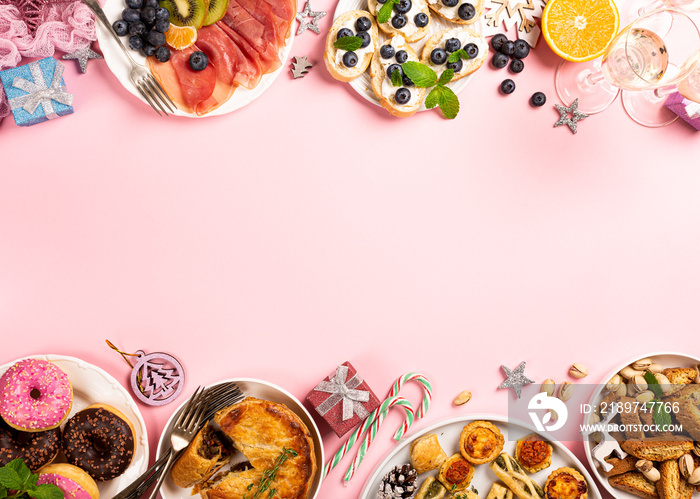 Christmas dinner party table, holiday food concept background, top view, flat lay with copy space