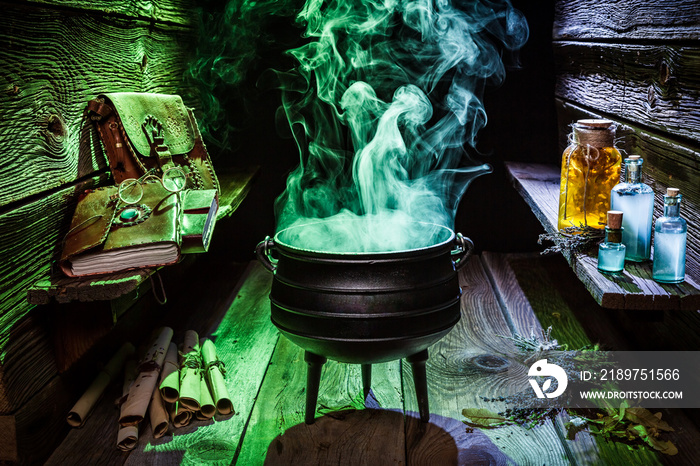 Witcher cauldron with blue and green smoke for Halloween