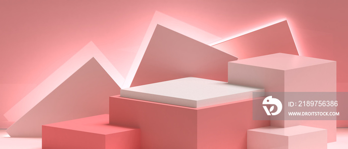 最小舞台裙楼展示浅红色背景上的几何形状方形盒子和三角形概念