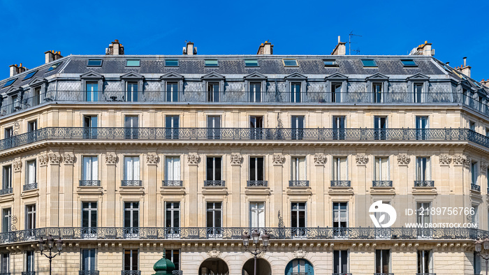 Paris, typical building, parisian facade and windows rue Reaumur