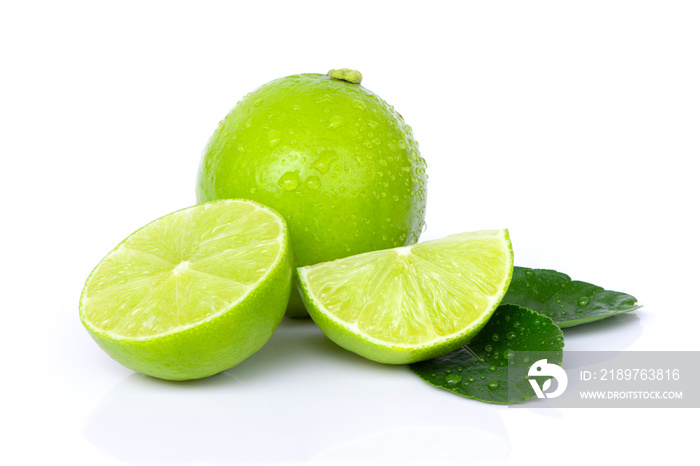 Fresh Lime fruits and green leaf isolated on white background.