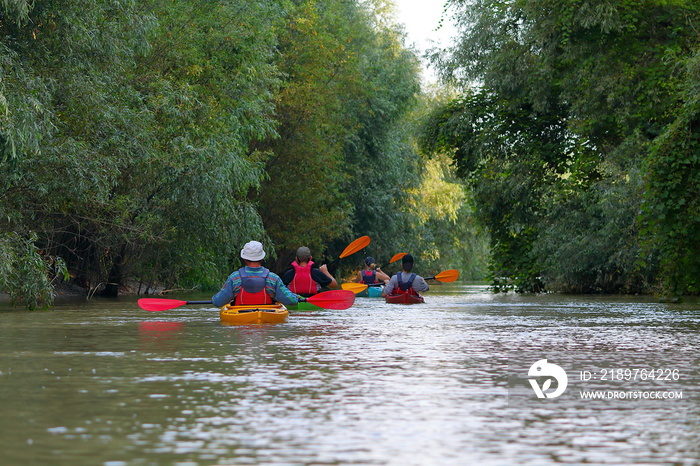 Group of friends (people) travel by kayaks. Kayaking together in wild Danube river and biosphere res