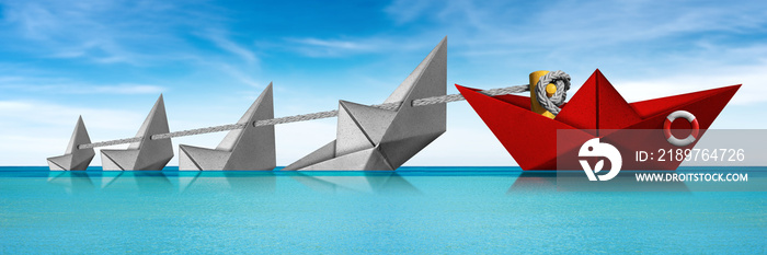 Rescue and Leadership concept - Red and white paper boats in the sea