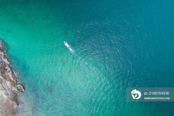 Aerial view on the sea and boat or speedboat. Beautiful natural seascape at the summer time. Island 