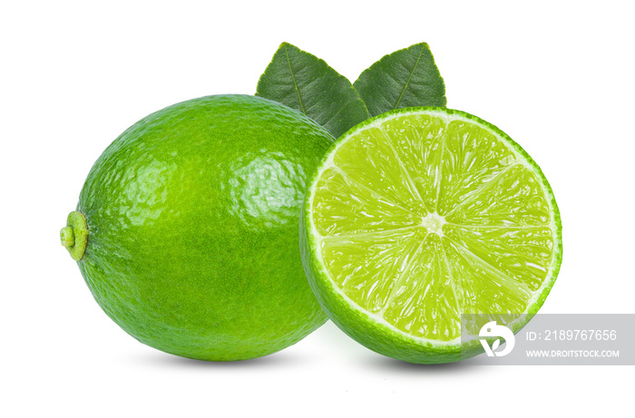 Fresh lime with leaf isolated on white background. full depth of field