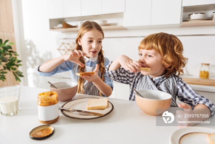 Lively cute girl making a sandwich for her brother