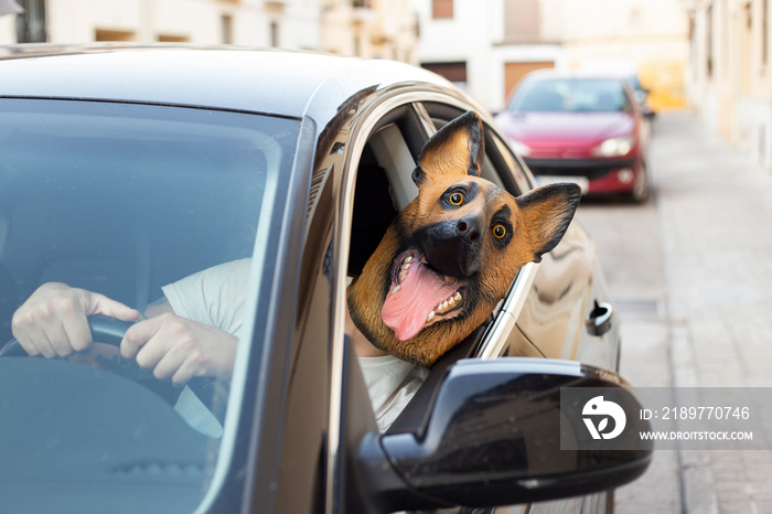 Tattooed man with dog mask driving