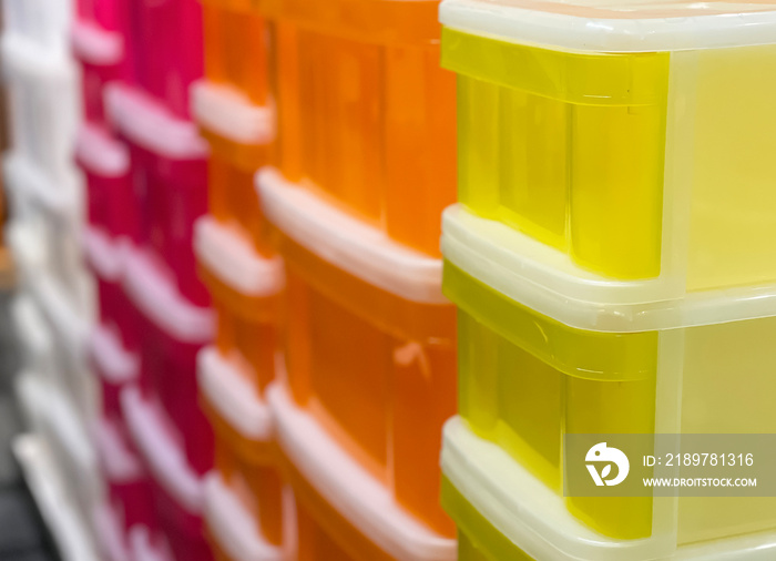 Colorful storage racks stacked in a row