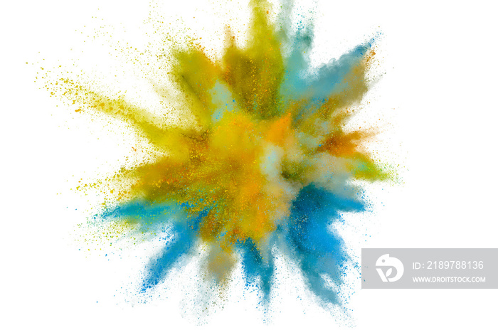 Colored powder explosion. Abstract closeup dust on backdrop. Colorful explode. Paint holi