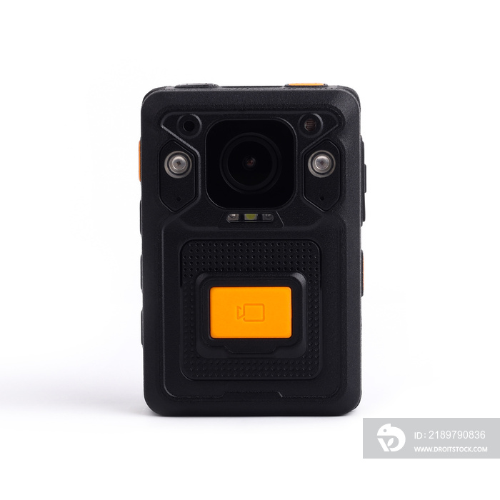 黑色警官身体摄像头，带黄橙色按钮录制。便携式个人可佩戴视频录像机