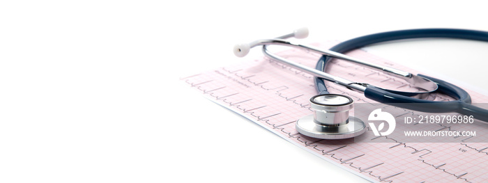 Blue Stethoscope on electrocardiogram (ECG) chart paper. ECG heart chart scan isolate on white. Heal