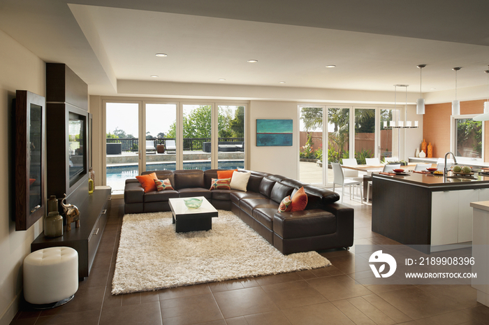 Spacious open plan modern house with living room and kitchen; West Palm Beach; USA