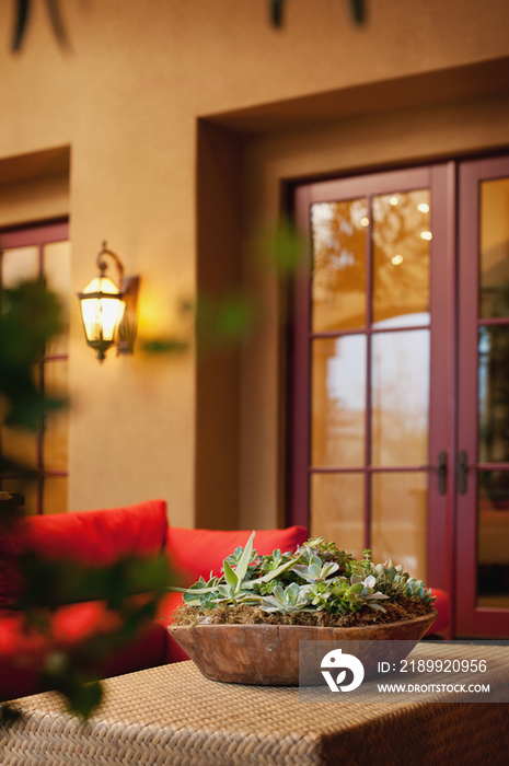 House plant on coffee table with lit lantern on wall by closed French doors at home; Scottsdale; US