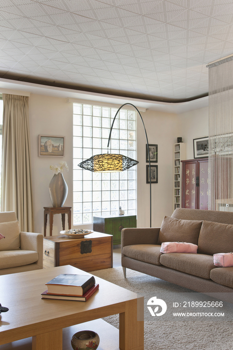 Contemporary living room with large floor lamp at home