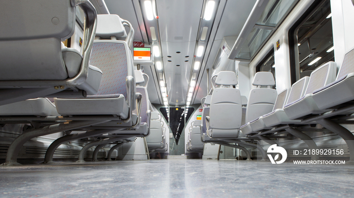 Interior of a modern train at night