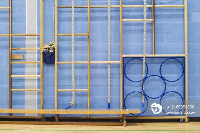 Gymnasium equipment at the side of the sports hall