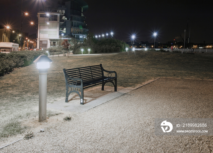 Urban Park Bench at Night