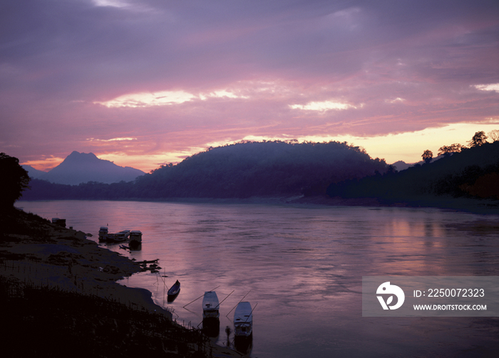 Laos, Luang Prabang, Mekong river at sunset