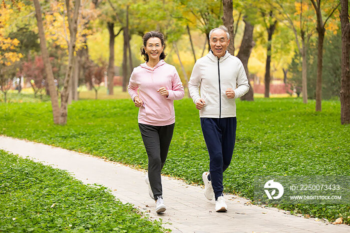 开心的老年夫妇在公园跑步