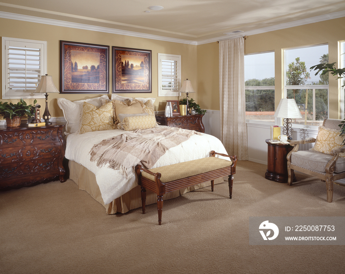 Seating area and contemporary bed in bedroom