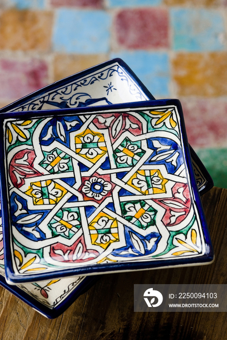 Morocco, handmade plates at Poterie de Fes 32 Ain Nokbi Route Sidi Harazem-Fes