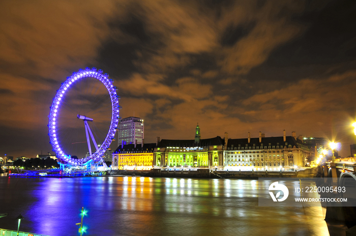 London Eye and Thames River at night, London, England