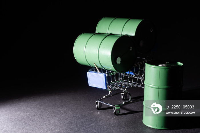 Miniatures toy barrels on a shopping cart