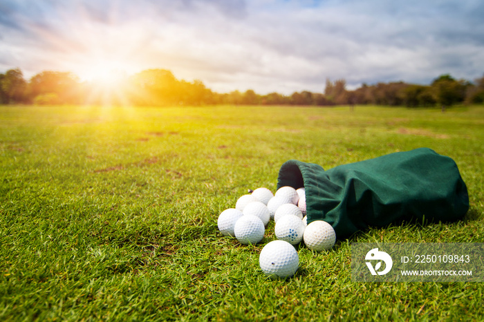 早上在高尔夫球场上用绿色织物袋训练的选择性聚焦高尔夫球。